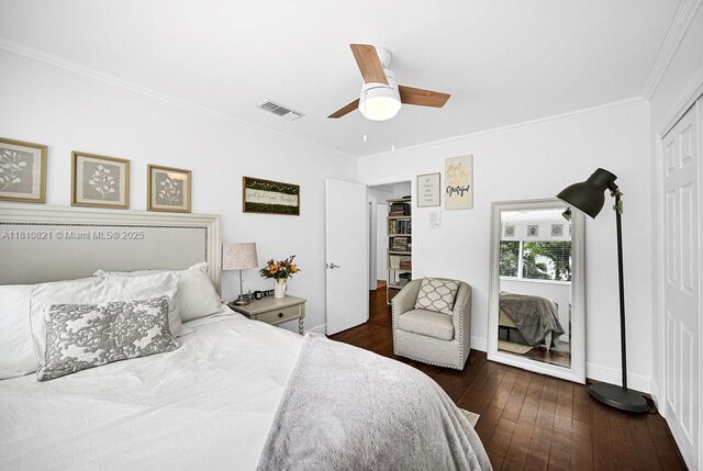 1450 Ortega Ave, Coral Gables, FL 33134 - bedroom with crown molding, dark wood-type flooring, ceiling fan, and baseboards