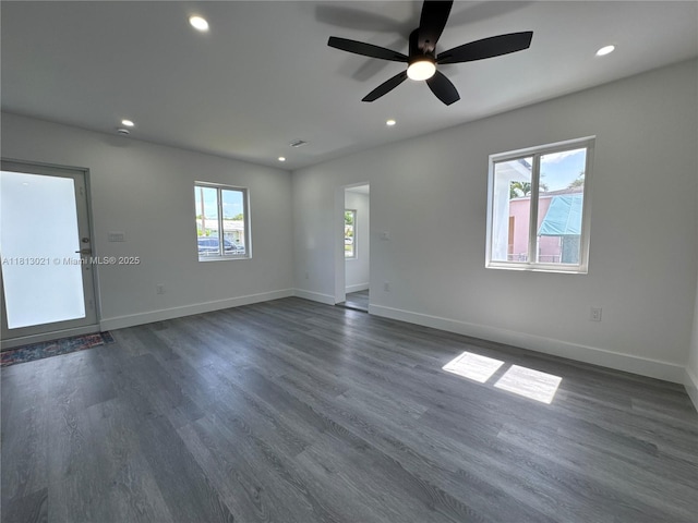 5450 SW 6th St, Miami, FL 33134 - empty room featuring recessed lighting, baseboards, dark wood finished floors, and ceiling fan