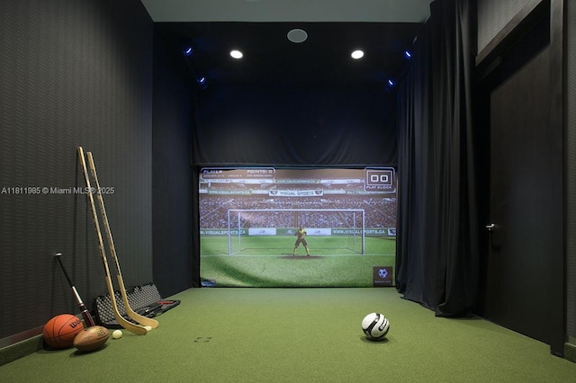 18555 Collins Ave Unit 1703, Sunny Isles Beach, FL 33160 - playroom featuring golf simulator and carpet flooring