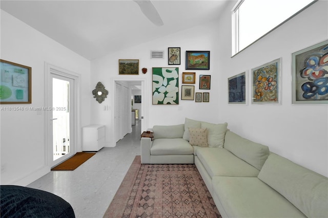 6320 Dolphin Dr, Coral Gables, FL 33158 - living area with ceiling fan and high vaulted ceiling