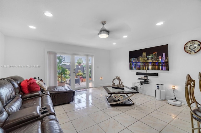 401 SW 109th Ave Unit 26, Sweetwater, FL 33174 - living area featuring light tile patterned floors, recessed lighting, ceiling fan, french doors, and baseboards