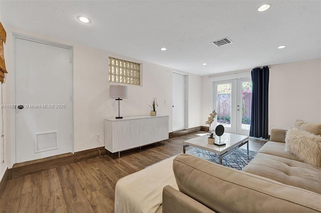 928 NE 18th Ct, Fort Lauderdale, FL 33305 - living room featuring baseboards, wood finished floors, recessed lighting, and french doors