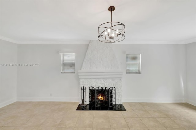 276 NE 90th St, El Portal, FL 33138 - unfurnished living room with ornamental molding, a chandelier, a large fireplace, tile patterned flooring, and baseboards