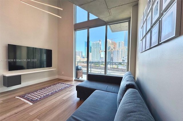 690 SW 1st Ct Unit 1006, Miami, FL 33130 - living room featuring a city view, wood finished floors, baseboards, and expansive windows