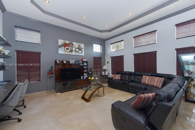 19686 SW 130th Ave Rd, Miami, FL 33177 - living room with ornamental molding, recessed lighting, and a raised ceiling