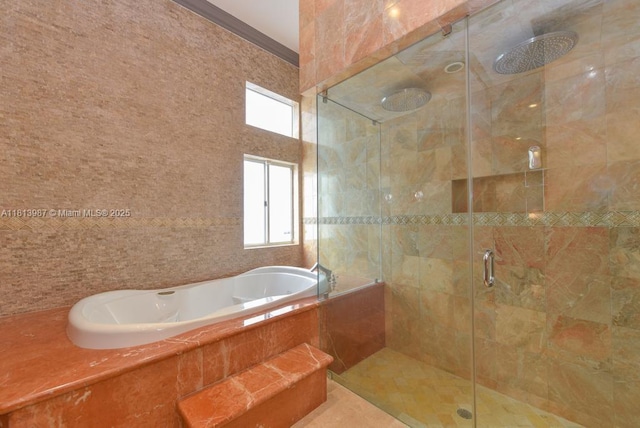 19686 SW 130th Ave Rd, Miami, FL 33177 - bathroom with a bath, a shower stall, and crown molding