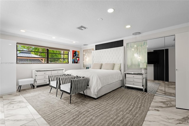 3030 SW 117th Ave, Davie, FL 33330 - bedroom featuring light marble finish flooring, crown molding, recessed lighting, and a textured ceiling