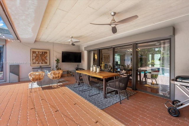 3030 SW 117th Ave, Davie, FL 33330 - dining area featuring ceiling fan, brick floors, and wooden ceiling