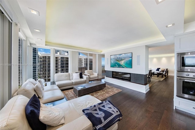 2901 S Bayshore Dr Unit 17G/H, Miami, FL 33133 - living area featuring a raised ceiling, dark wood-type flooring, and baseboards