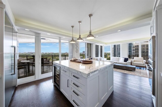 2901 S Bayshore Dr Unit 17G/H, Miami, FL 33133 - kitchen featuring wine cooler, light stone counters, dark wood-style flooring, decorative light fixtures, and white cabinets