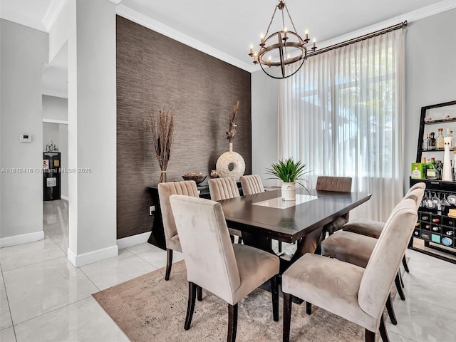 7448 SW 120th Ct, Miami, FL 33183 - dining area featuring an accent wall, a chandelier, baseboards, ornamental molding, and water heater