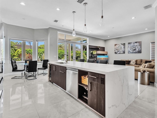 7448 SW 120th Ct, Miami, FL 33183 - kitchen featuring dishwasher, a sink, modern cabinets, dark brown cabinets, and recessed lighting