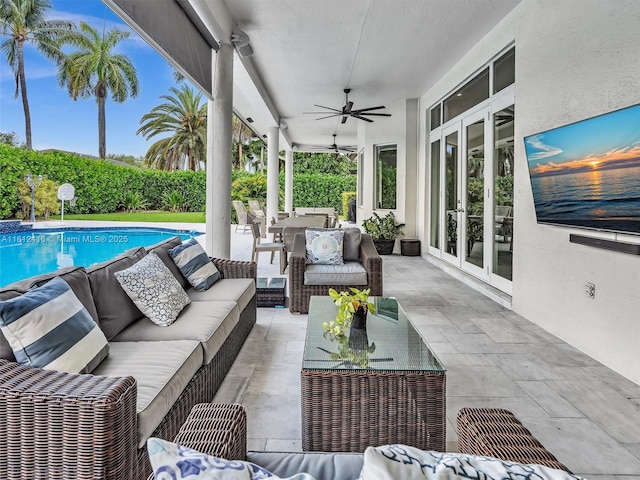 7448 SW 120th Ct, Miami, FL 33183 - view of patio / terrace with french doors, an outdoor hangout area, and ceiling fan