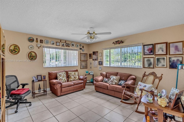 17550 SW 59th Ct, Southwest Ranches, FL 33331 - living room with a ceiling fan, a textured ceiling, and light tile patterned floors