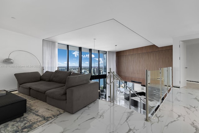 18555 Collins Ave Unit 4603, Sunny Isles Beach, FL 33160 - living room with expansive windows, wooden walls, and light marble finish flooring