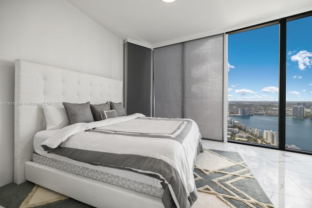 18555 Collins Ave Unit 4603, Sunny Isles Beach, FL 33160 - bedroom featuring floor to ceiling windows, a water view, a city view, and marble finish flooring