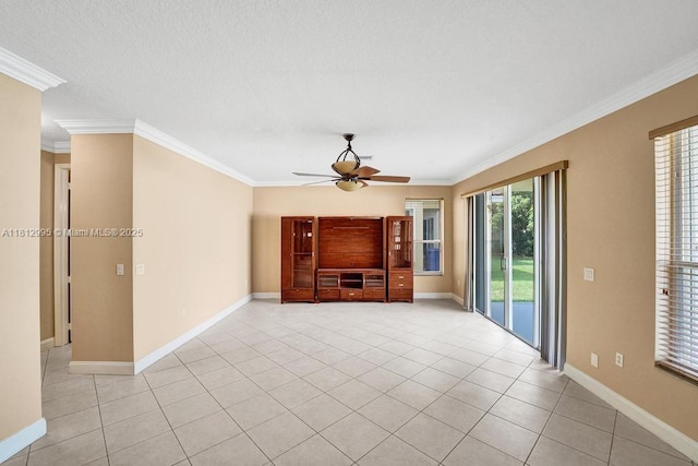 2434 SW 157th Ave, Miramar, FL 33027 - unfurnished living room with a ceiling fan, ornamental molding, baseboards, and light tile patterned flooring