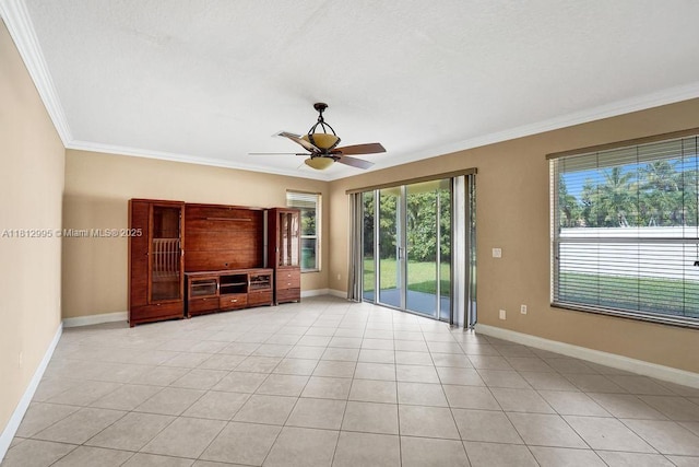 2434 SW 157th Ave, Miramar, FL 33027 - unfurnished living room featuring crown molding, a ceiling fan, baseboards, and light tile patterned floors