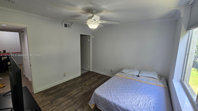 3995 W Mcnab Rd Unit B212, Pompano Beach, FL 33069 - bedroom featuring crown molding, wood finished floors, a textured ceiling, and ceiling fan