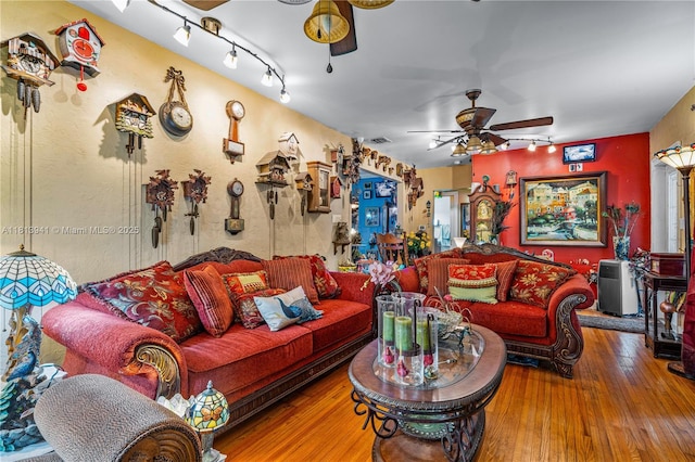 461 Morningside Dr, Miami Springs, FL 33166 - living room featuring a ceiling fan, hardwood / wood-style flooring, and rail lighting