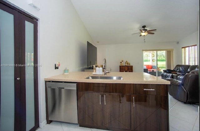 1353 Majesty Ter, Weston, FL 33327 - kitchen featuring stainless steel dishwasher, open floor plan, light tile patterned flooring, a ceiling fan, and a peninsula