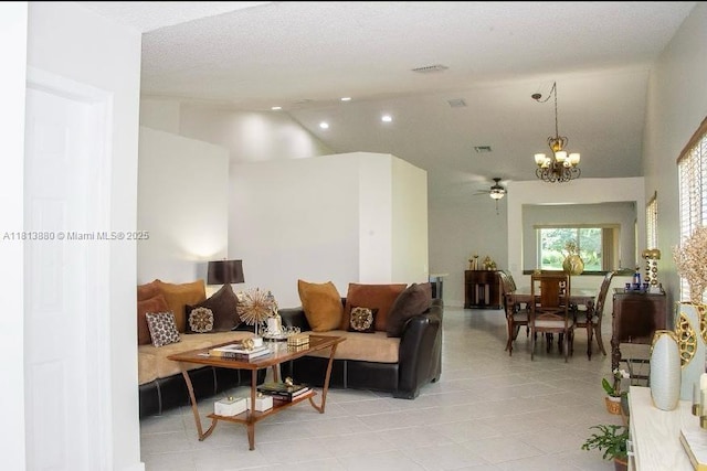 1353 Majesty Ter, Weston, FL 33327 - living area featuring lofted ceiling, a chandelier, light tile patterned floors, and a ceiling fan