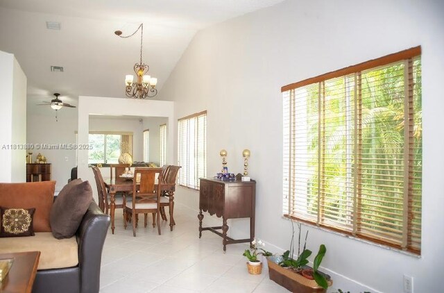1353 Majesty Ter, Weston, FL 33327 - living area with lofted ceiling, a chandelier, light tile patterned floors, and ceiling fan