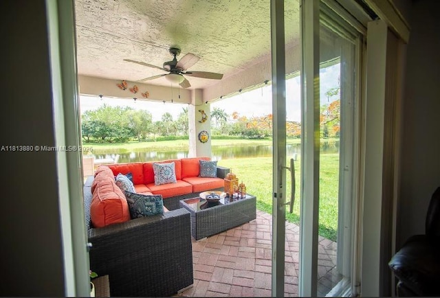 1353 Majesty Ter, Weston, FL 33327 - view of patio with a water view, a ceiling fan, and outdoor lounge area