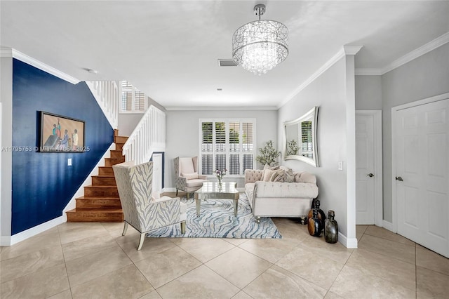16331 SW 23rd St, Miramar, FL 33027 - tiled living room featuring stairs, ornamental molding, baseboards, and a chandelier