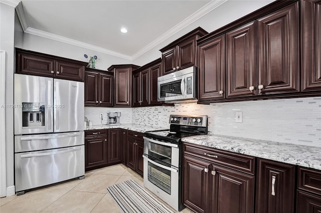 16331 SW 23rd St, Miramar, FL 33027 - kitchen featuring stainless steel appliances, tasteful backsplash, light tile patterned flooring, dark brown cabinets, and crown molding