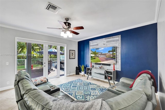 16331 SW 23rd St, Miramar, FL 33027 - living room with french doors, ornamental molding, baseboards, light tile patterned flooring, and ceiling fan