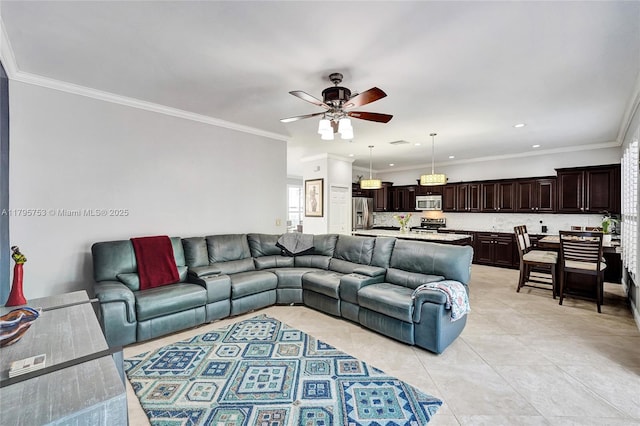 16331 SW 23rd St, Miramar, FL 33027 - living area featuring ceiling fan, light tile patterned flooring, crown molding, and recessed lighting