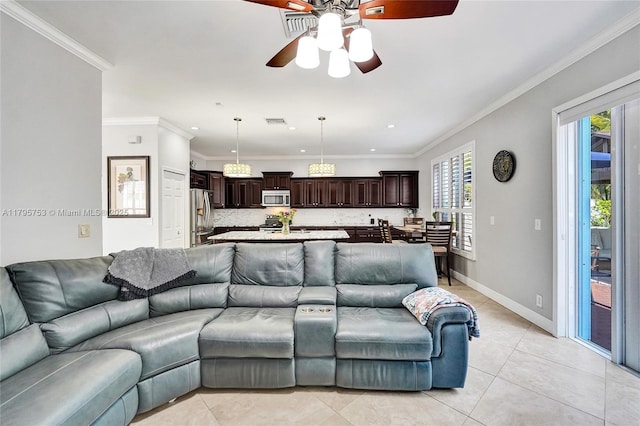16331 SW 23rd St, Miramar, FL 33027 - living room featuring a ceiling fan, light tile patterned flooring, crown molding, baseboards, and recessed lighting