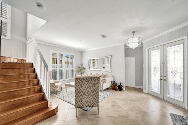 16331 SW 23rd St, Miramar, FL 33027 - tiled bedroom with french doors, access to exterior, crown molding, a chandelier, and baseboards