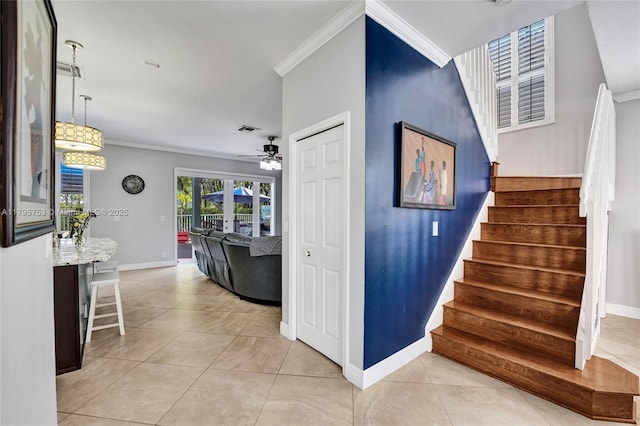 16331 SW 23rd St, Miramar, FL 33027 - staircase featuring crown molding, baseboards, ceiling fan, french doors, and tile patterned flooring