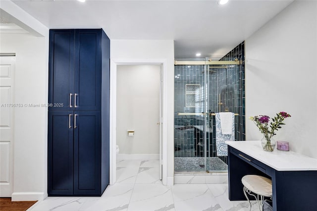 16331 SW 23rd St, Miramar, FL 33027 - bathroom with a stall shower, recessed lighting, toilet, baseboards, and marble finish floors