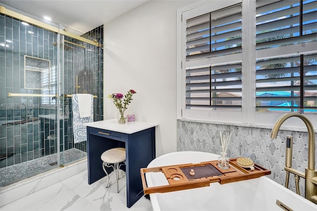 16331 SW 23rd St, Miramar, FL 33027 - full bath featuring a shower stall, a freestanding bath, marble finish flooring, and recessed lighting