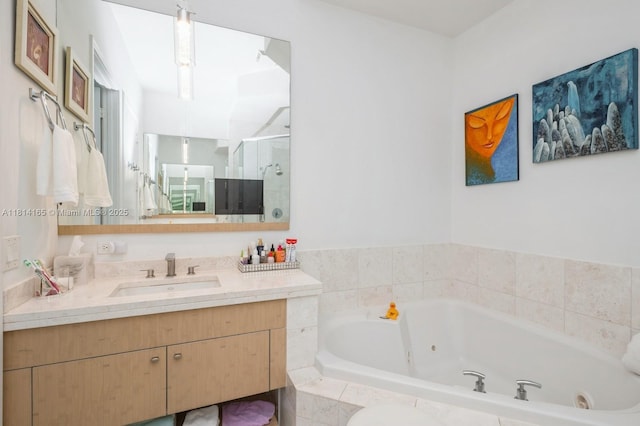 900 Brickell Key Blvd Unit 1702, Miami, FL 33131 - bathroom featuring a jetted tub, vanity, and a shower stall
