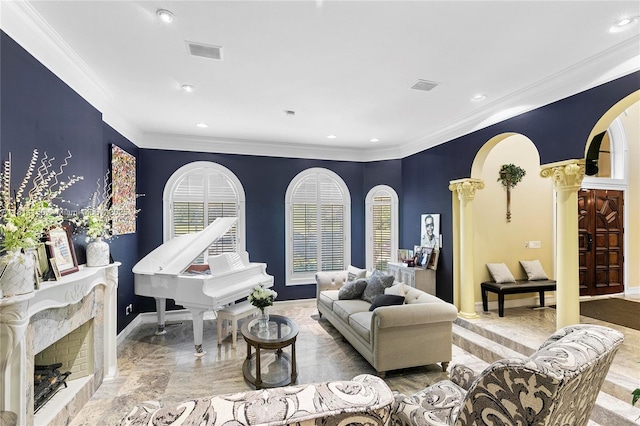 200 Asphodel Dr, Al, ,, AL 36303 - living area with decorative columns, marble tiled flooring, recessed lighting, arched walkways, and crown molding