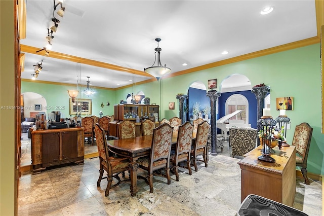 200 Asphodel Dr, Al, ,, AL 36303 - dining space featuring arched walkways, ornamental molding, recessed lighting, ornate columns, and track lighting