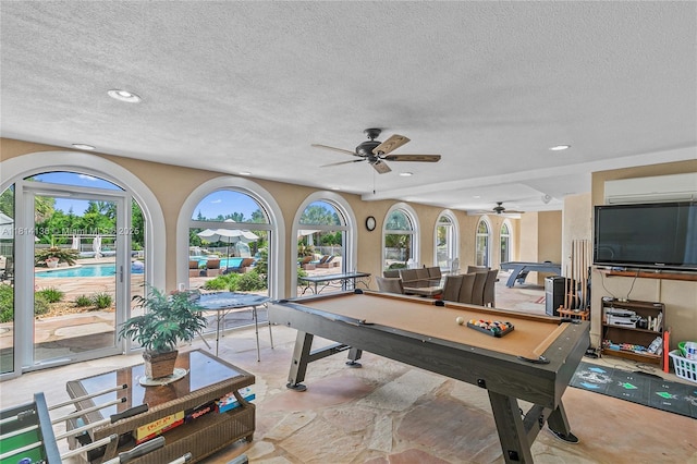 200 Asphodel Dr, Al, ,, AL 36303 - rec room with a wall mounted AC, pool table, a ceiling fan, a textured ceiling, and recessed lighting