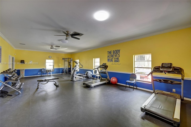 9965 Pineapple Tree Dr Unit 203, Boynton Beach, FL 33436 - exercise room with ornamental molding and a ceiling fan