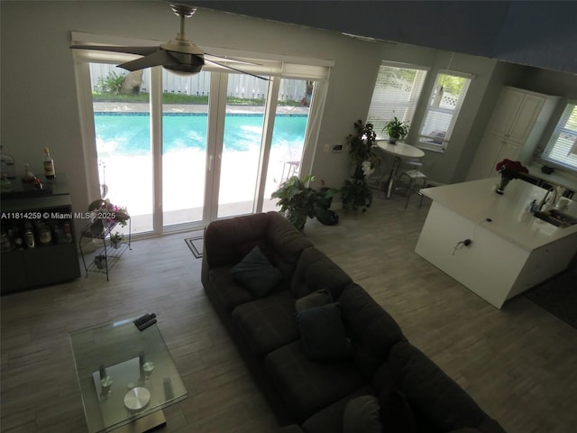 16815 SW 49th Ct, Miramar, FL 33027 - living room featuring wood finished floors, a ceiling fan, and healthy amount of natural light