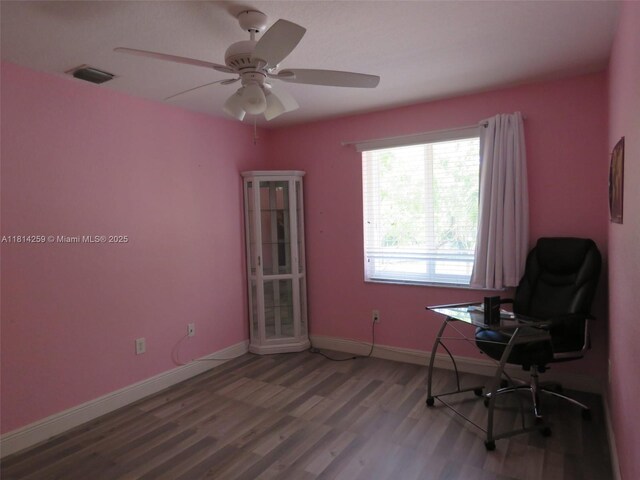 16815 SW 49th Ct, Miramar, FL 33027 - home office featuring wood finished floors, a ceiling fan, and baseboards