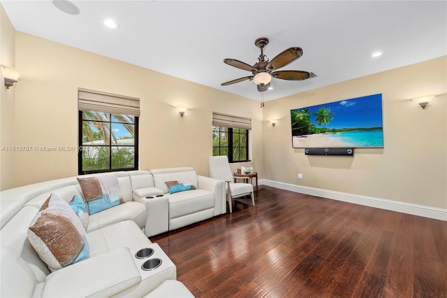 1437 SE 13th St, Deerfield Beach, FL 33441 - living room featuring wood finished floors, ceiling fan, baseboards, and recessed lighting