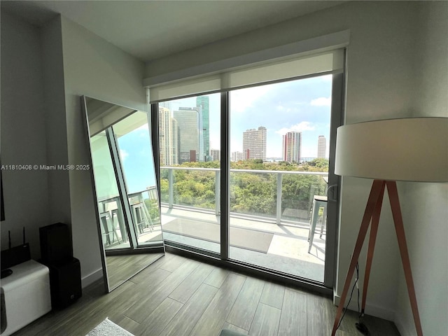 1600 SW 1st Ave Unit 813, Miami, FL 33129 - doorway featuring a skyline view, wood finished floors, and baseboards