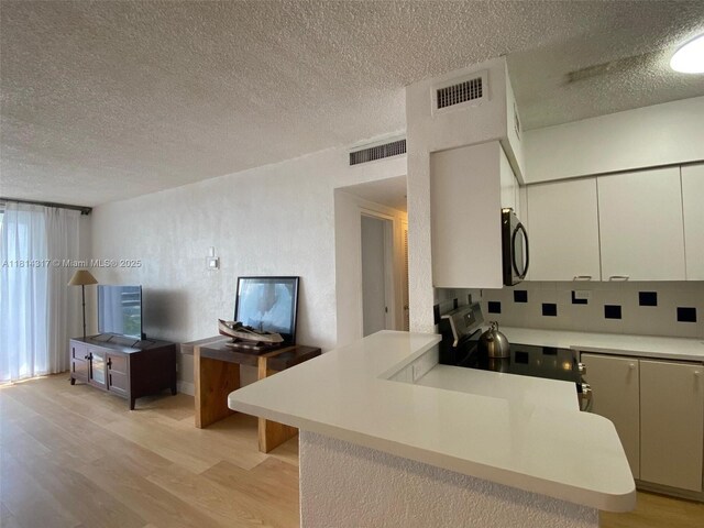 1500 Bay Rd Unit 1274S, Miami Beach, FL 33139 - kitchen featuring light wood-style flooring, a textured ceiling, light countertops, electric range oven, and decorative backsplash