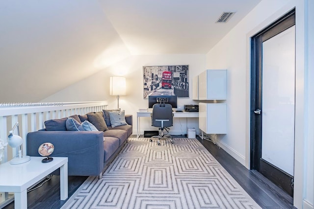 370 SE 2nd Ave Unit G3, Deerfield Beach, FL 33441 - office area with dark wood-style floors, lofted ceiling, and baseboards
