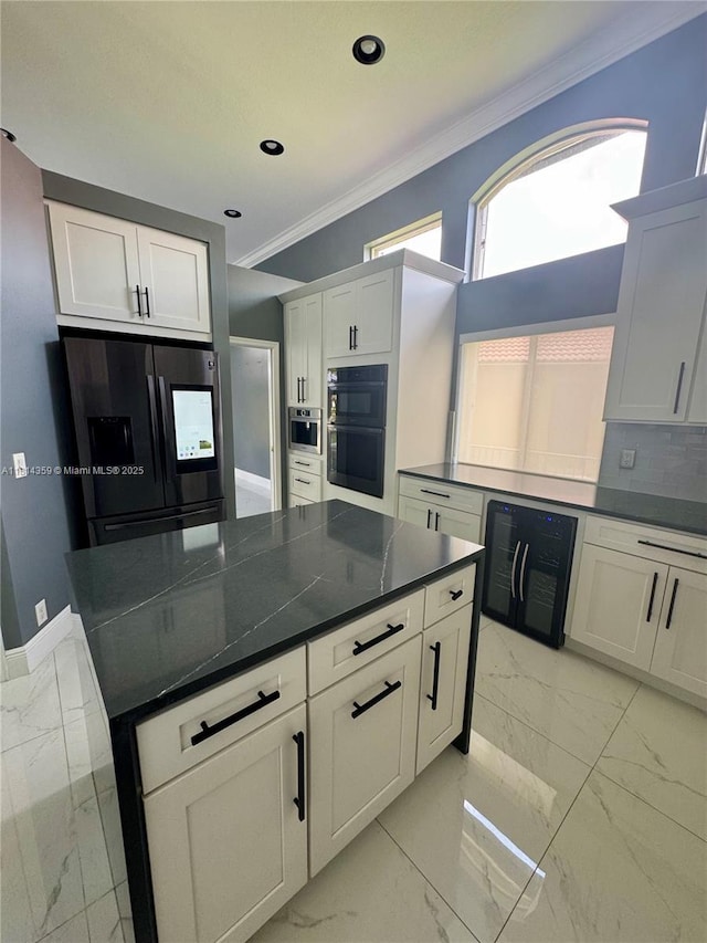 4248 SW 185th Ave, Miramar, FL 33029 - kitchen featuring refrigerator with ice dispenser, ornamental molding, light marble finish flooring, dishwasher, and white cabinetry