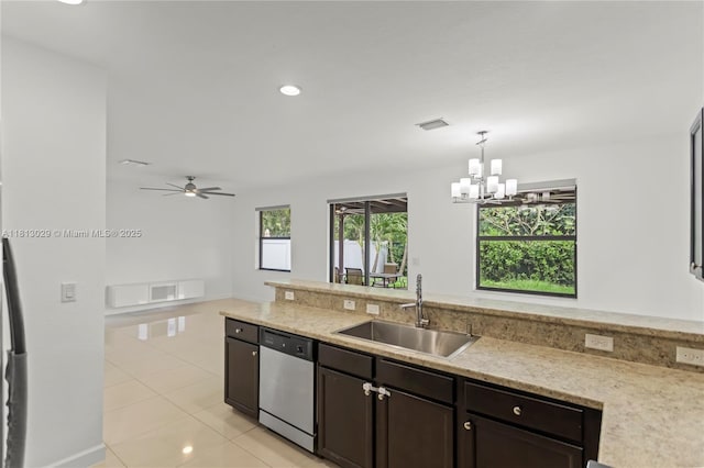 3502 W 86th Ter, Hialeah, FL 33018 - kitchen featuring dishwasher, a sink, a chandelier, light tile patterned floors, and dark brown cabinetry